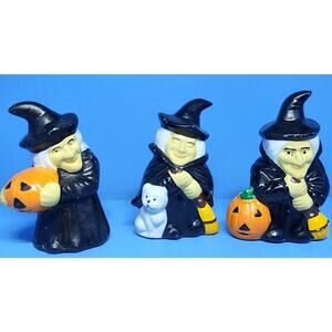 Vintage Loomco 3 Inch Witch Figurines Ceramic Set Pumpkins Cat 3 Inch See Pic